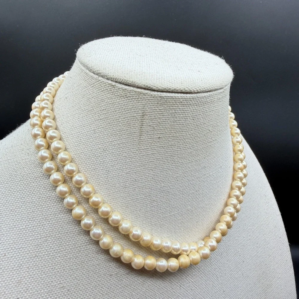 Double Strand Faux Pearl Necklace Cream Gold Tone Hook Clasp Romantic Elegant